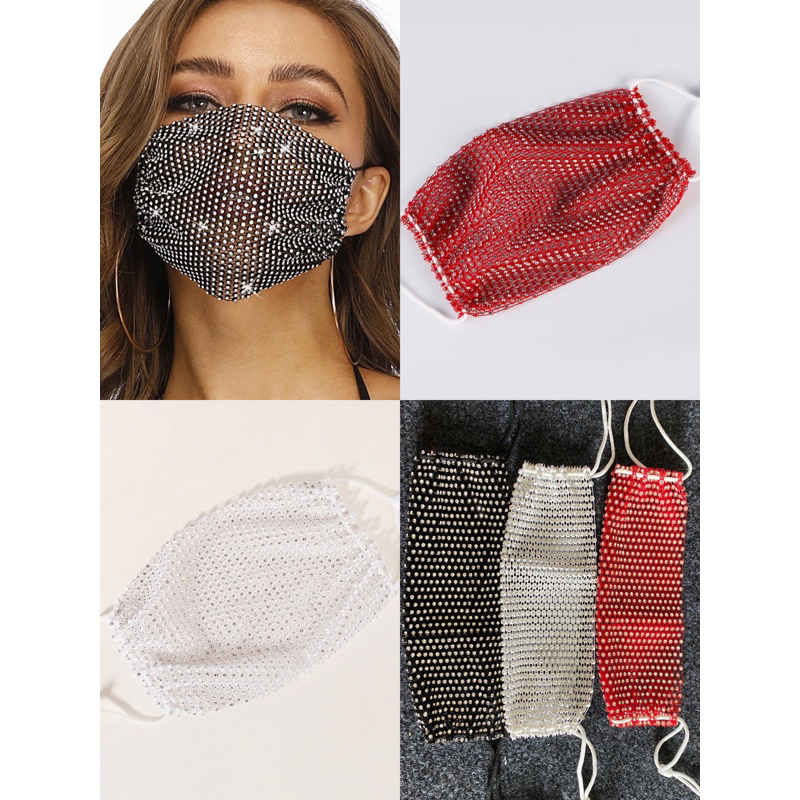 Khẩu trang lưới đính đá thời trang, khẩu trang đính đá BLING BLING màu trắng, đen, đỏ KT01