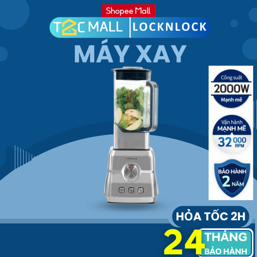 Máy xay sinh tố LocknLock EJM476SLV (2L), 3 chế độ cài sẵn nghiền đá, nhồi, và xay tốc độ cao - T2CMALL