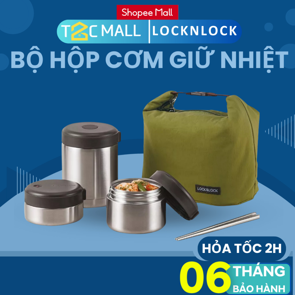 Bộ 3 Hộp Cơm Giữ Nhiệt LocknLock Kèm Đũa Và Túi Giữ Nhiệt- Màu bạc Mushroom [LHC8025SLV] - T2CMALL