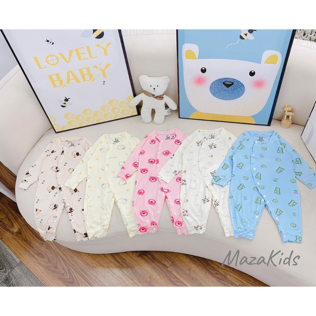 Body dài thun lạnh cúc chéo in kín bé trai, bé gái