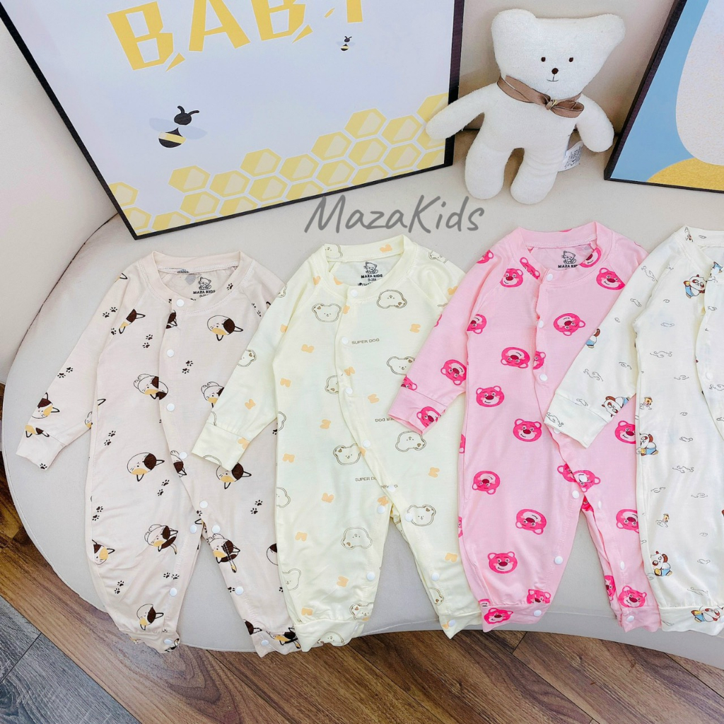 Body dài thun lạnh cúc chéo in kín bé trai, bé gái