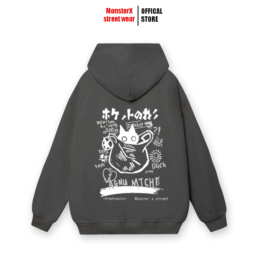 Áo hoodie nỉ bông Monster X Street Mèo Túi nam nữ form rộng thu đông Local Brand