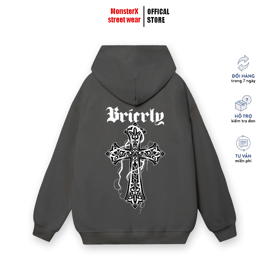 Áo hoodie nỉ bông Monster X Street Thánh Giá lưng nam nữ form rộng thu đông Local Brand