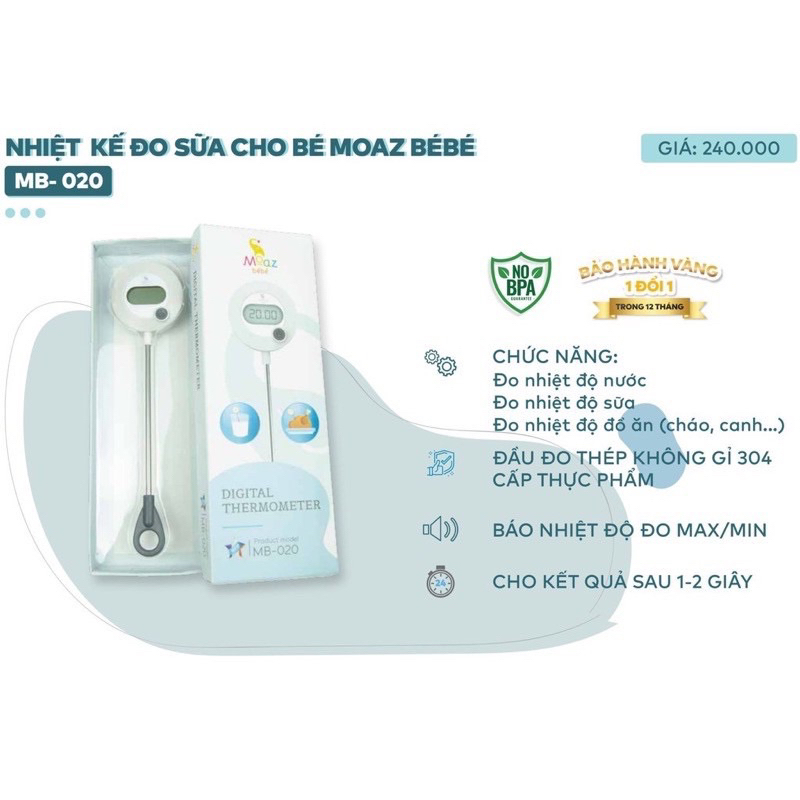 Que đo sữa, nhiệt kế đo sữa đo nước đo thực phẩm moaz bebe mb020 bảo hành chính hãng 12 tháng