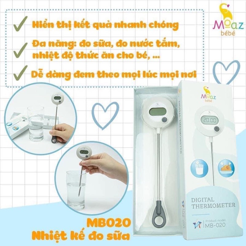 Que đo sữa, nhiệt kế đo sữa đo nước đo thực phẩm moaz bebe mb020 bảo hành chính hãng 12 tháng