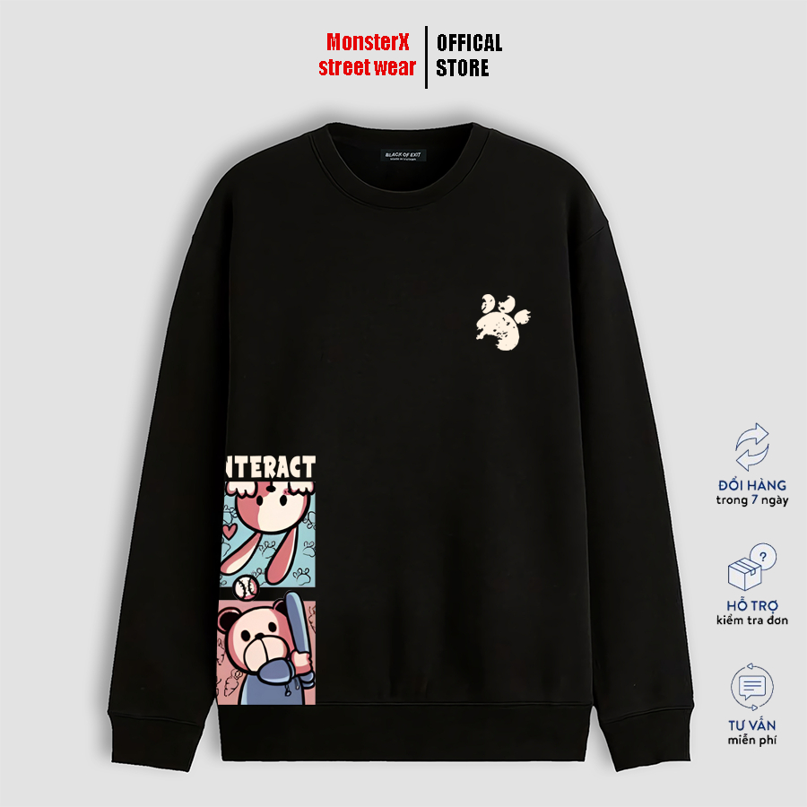 Sweater Nỉ Bông Bear Rappit Unisex Monster X Street Dài tay Ulzzang cặp đôi nam nữ form rộng oversize Hàn Quốc