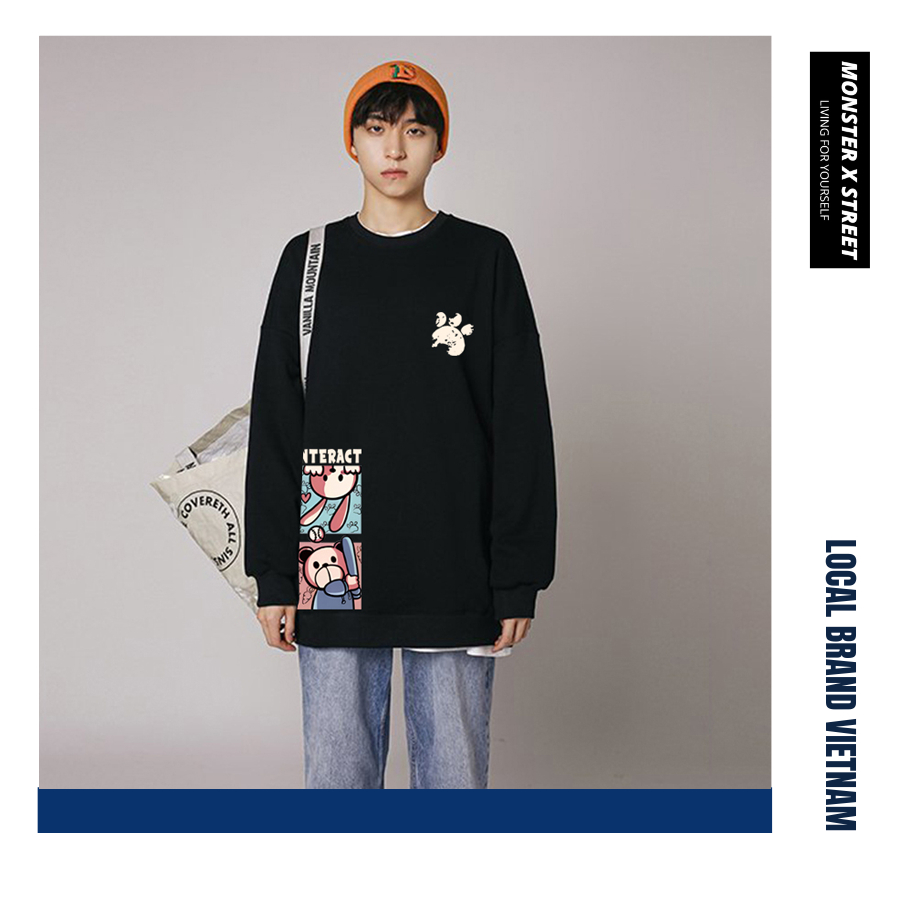 Sweater Nỉ Bông Bear Rappit Unisex Monster X Street Dài tay Ulzzang cặp đôi nam nữ form rộng oversize Hàn Quốc