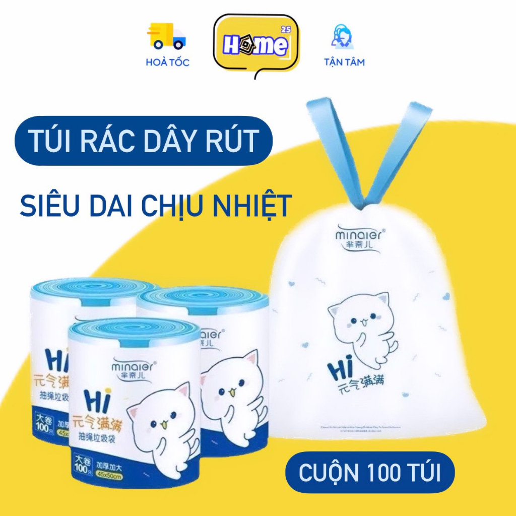 Túi đựng rác dây rút chống rò rỉ nước, chịu nhiệt 100 độ Minaier siêu sạch | Túi đựng rác hình gấu cuộn 100 túi siêu dai