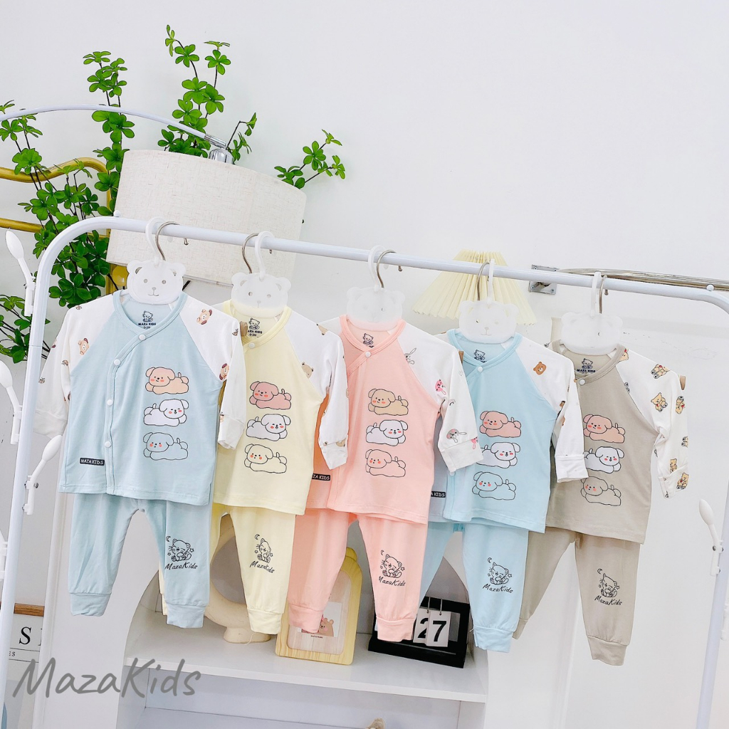 Maza kid Bộ dài tay áo cúc chéo/ quần cạp cao giữ ấm bụng vải thun lạnh petit cho bé từ 3-9kg