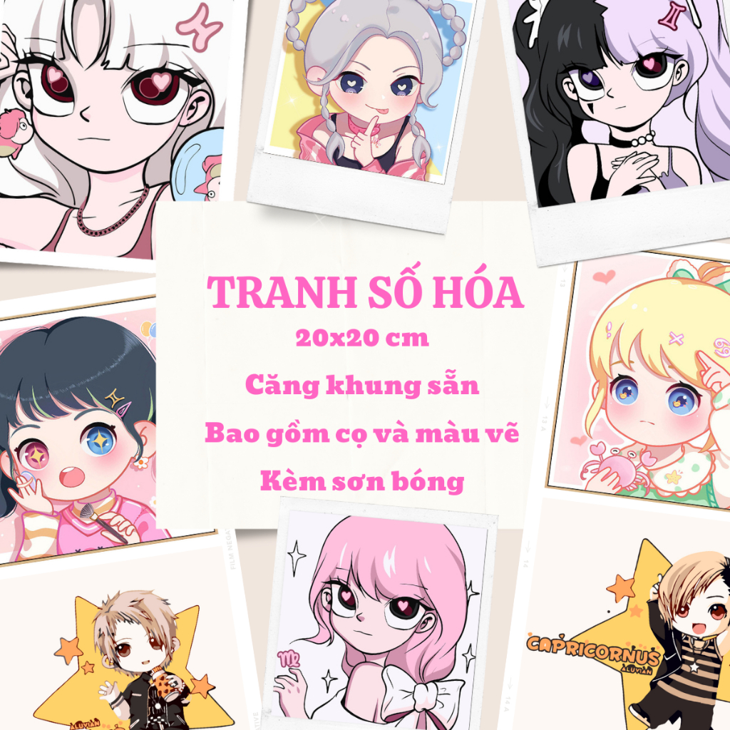 Tranh số hóa, tranh tô màu theo số 12 cung hoàng đạo nữ… tranh căng khung 20x20cm vải canvas dành cho bé dùng trang tríí