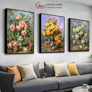 Tranh tự tô màu theo số sơn dầu số hoá Gam hoa sơn trà hoa hồng cổ điển vintage đã căng khung