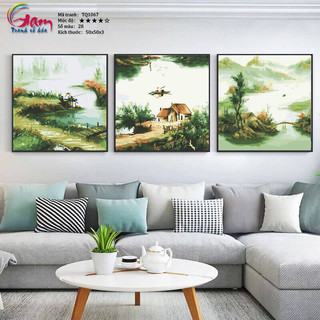 Tranh sơn dầu số hóa tô màu theo số Gam - Bộ ba bức tranh làng quê nông thôn thôn quê yên bình mã TQ1067SS