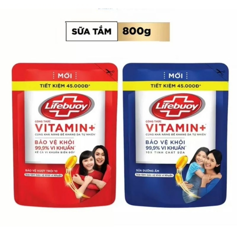 Sữa tắm Lifebuoy Detox và Sạch sâu chai 800g/ Sạch khuẩn Vitamin+ túi 800g