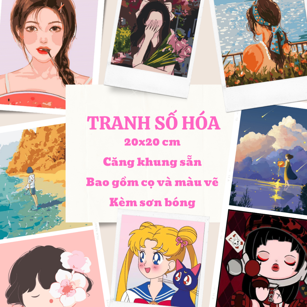 Tranh số hóa, tranh tô màu theo số Cô gái xinh dễ thương… tranh căng khung 20x20cm vải canvas dành cho bé dùng trang trí