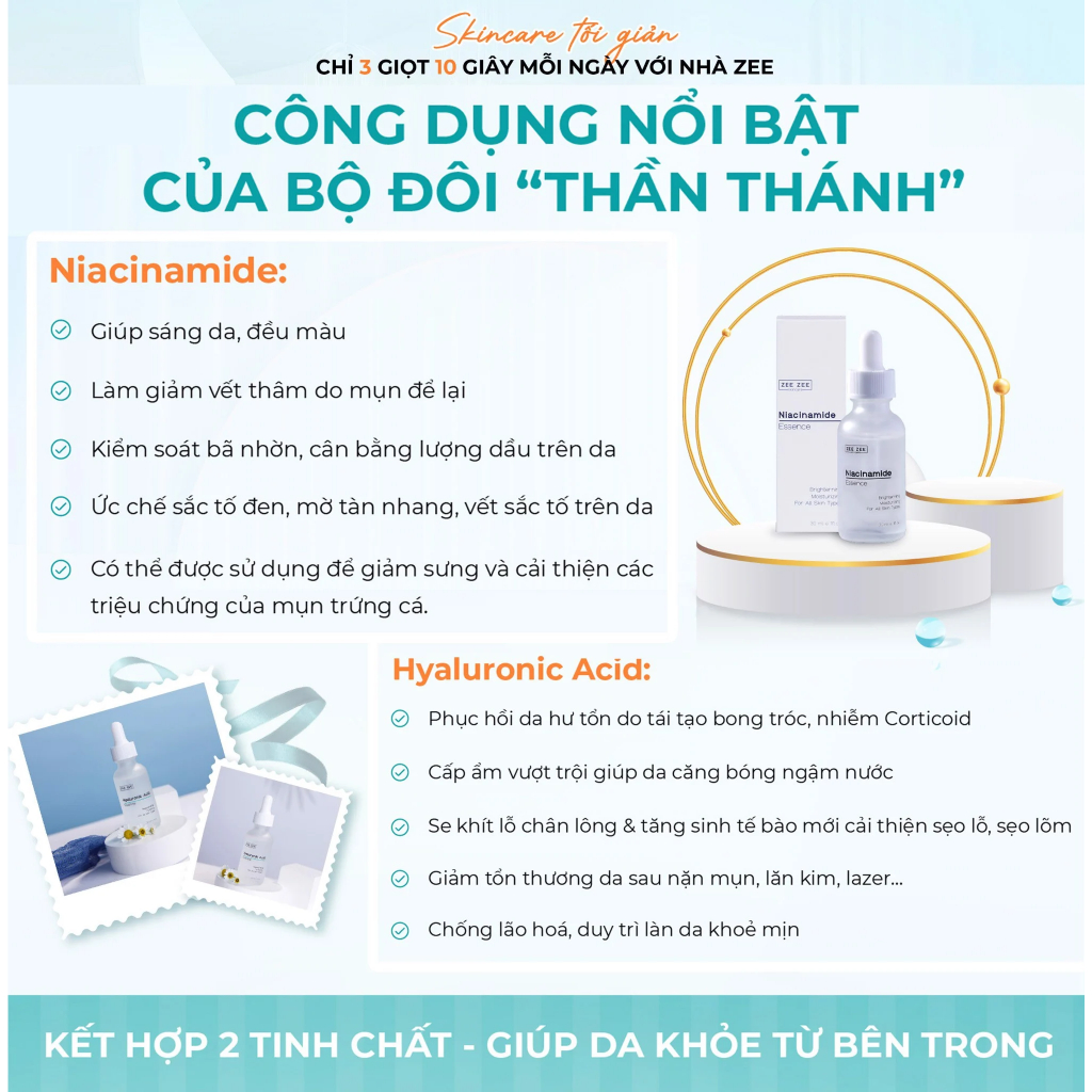 Bộ đôi serum dưỡng sáng trẻ hóa phục hồi da Niacinamide & Hyaluronic Acid Essence nhà ZEE ZEE -CHANGSTORE skincare