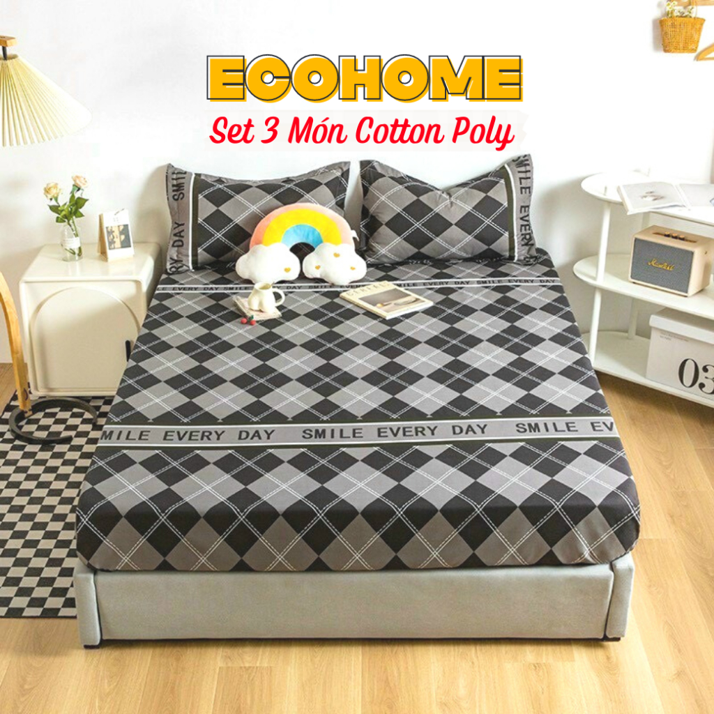 Bộ Ga Gối 3 món Cotton Poly mẫu Kim Cương Xám Đen size 1m2, 1m4, 1m6, 1m8, 2m bo chun đệm 10 cm EcoHome