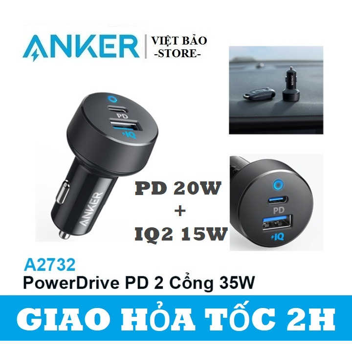 Tẩu sạc nhanh Ô tô 35W Anker PowerDrive PD+ 2, 2 cổng sạc PD20W + IQ2 15W - A2732