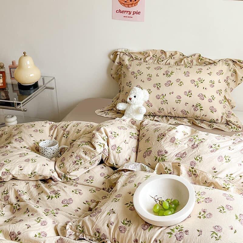 Bộ chăn ga và vỏ gối 4 món cotton đũi hoạ tiết hoa nhí nâu