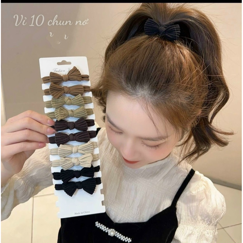 Vỉ 10 chun tóc đính nơ nhỏ màu nâu tây siêu bền êm tóc