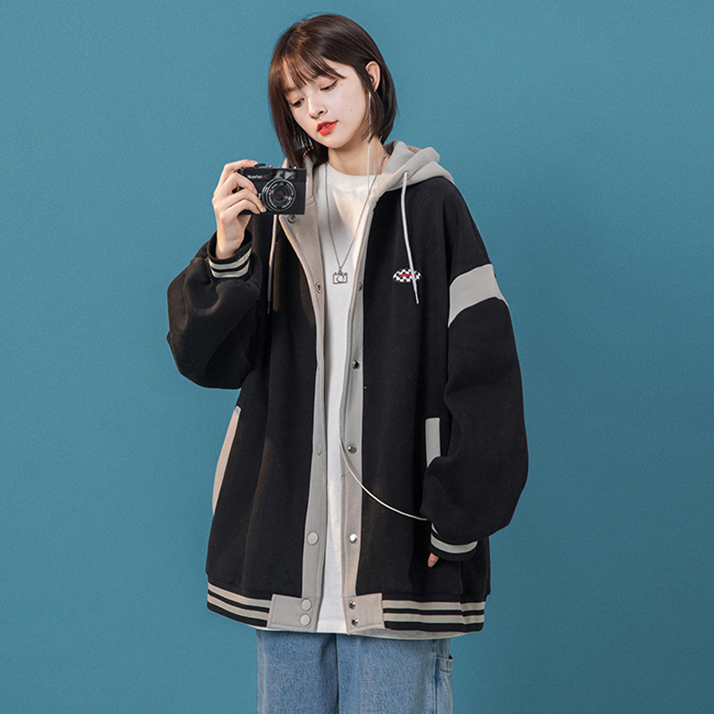 Áo khoác Bomber mũ trùm đầu Hoodie nỉ bông cúc bấm nam nữ Vintage FKZ Unisex