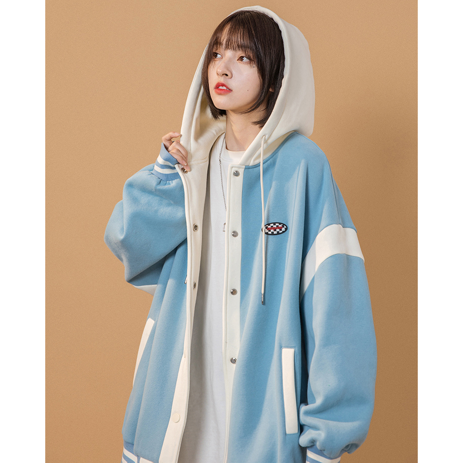 Áo khoác Bomber mũ trùm đầu Hoodie nỉ bông cúc bấm nam nữ Vintage FKZ Unisex