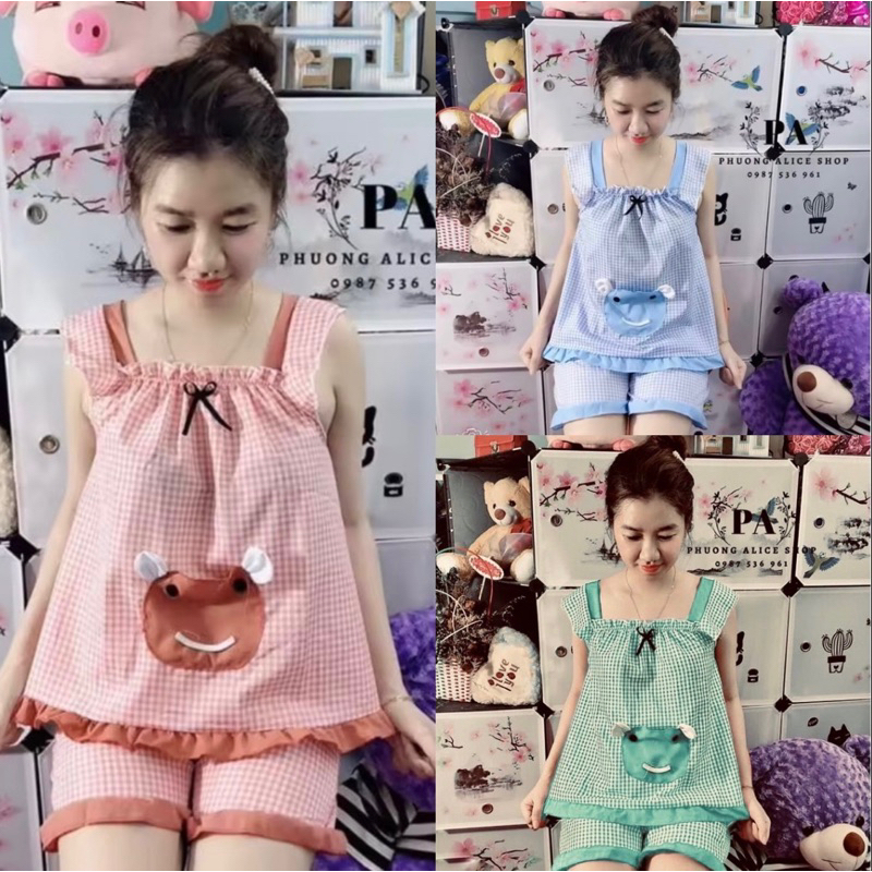 Đồ Bộ Mặc Nhà Caro Phối Túi Trước y hình chất liệu kate lụa mềm mát size dưới 53kg