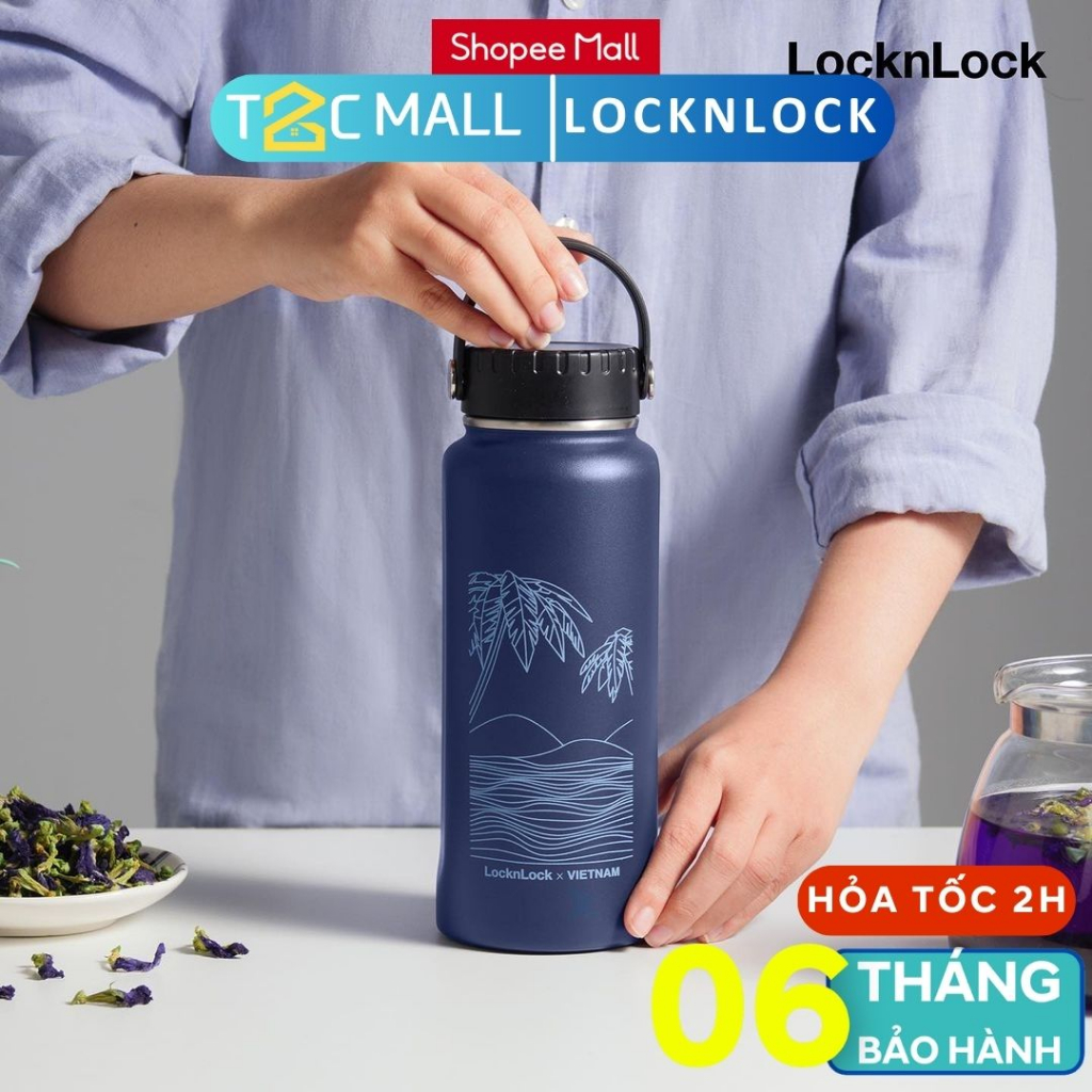 Bình Giữ Nhiệt LocknLock 897ml- Kèm Ống Hút Và Cọ Rửa Biểu Tượng Phú Quốc, Có Khay Lọc Trà LHC4160NVY - T2CMALL