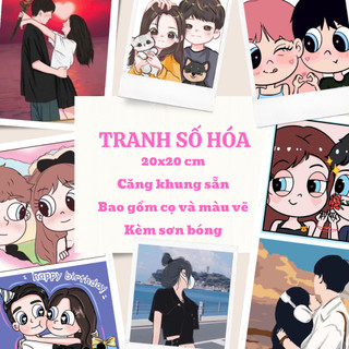 Tranh Tô màu theo số Cặp Đôi Chibi, tranh số hóa cặp đôi cute size 20x20 căng khung sẵn