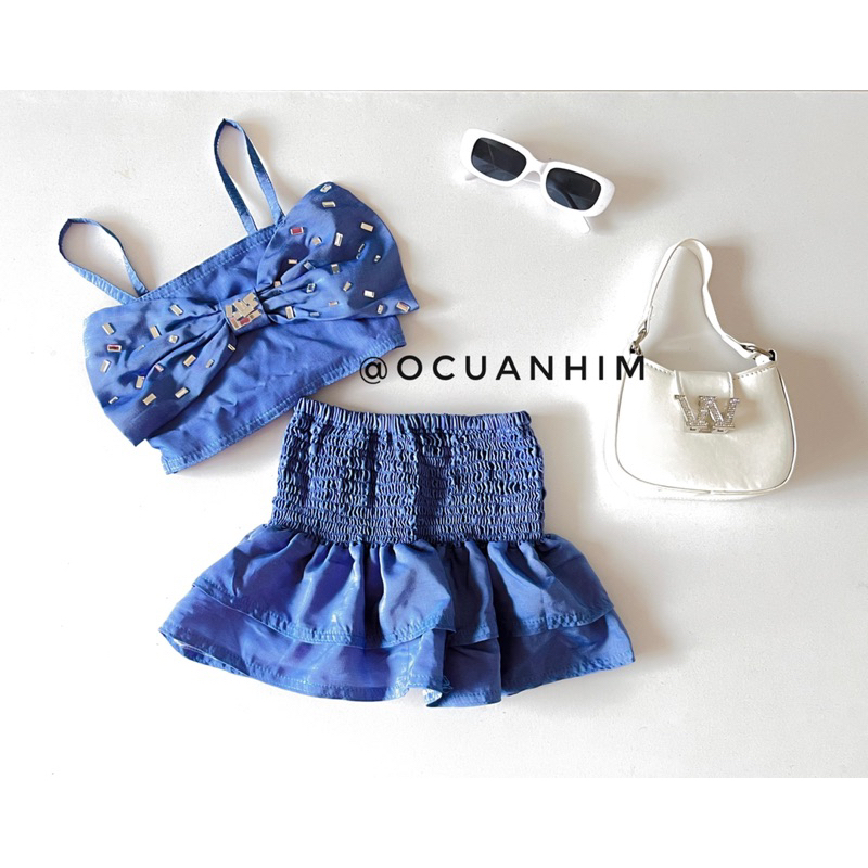 Set áo dây nơ mix chân váy hot trend cho bé