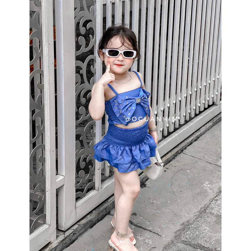 Set áo dây nơ mix chân váy hot trend cho bé