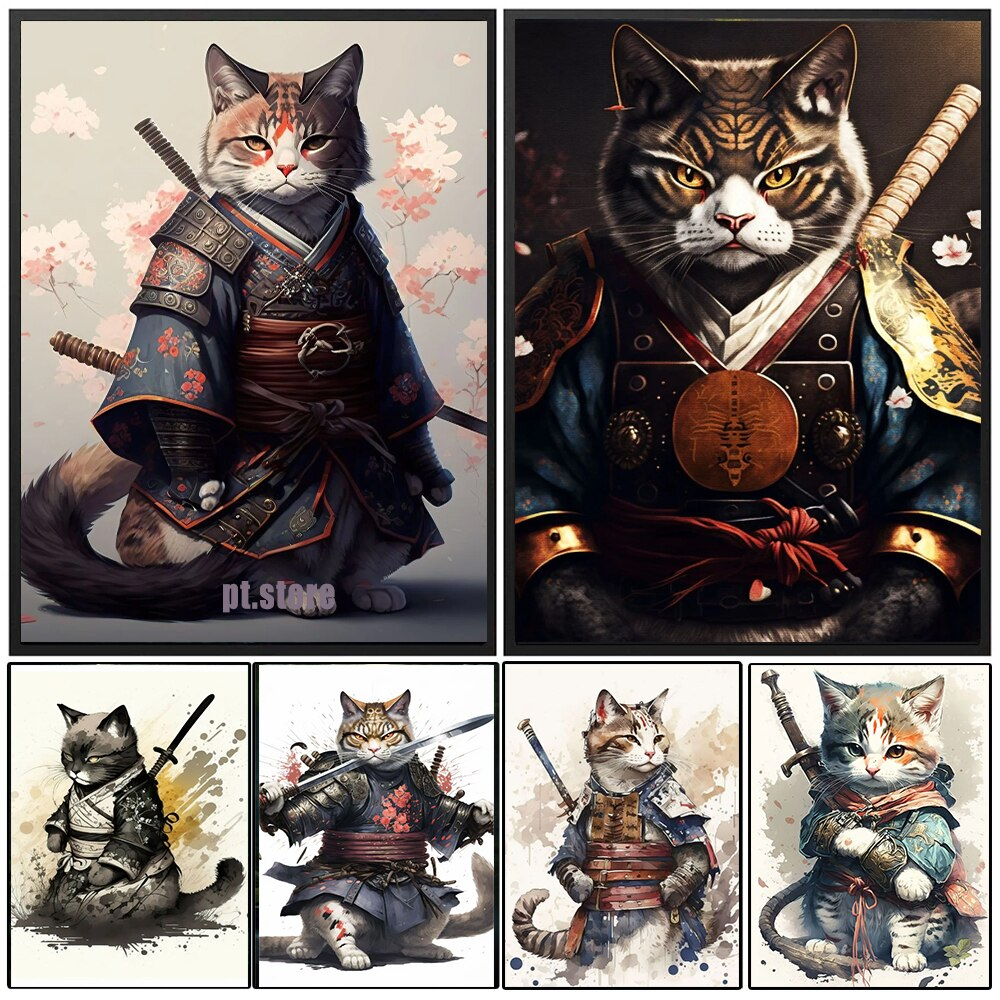 hong Cách Nhật Bản Samurai Mèo Tranh Động Vật Dễ Thương Nghệ Thuật Áp Phích In Hình Nền Cho Phòng Khách Trẻ Em Ms: 666