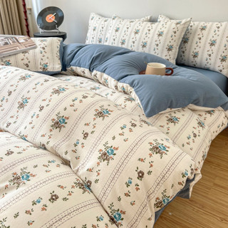 Bộ chăn ga gối Cotton Đũi họa tiết - Set chăn ga gối 4 món : vỏ chăn ,ga ,2 vỏ gối