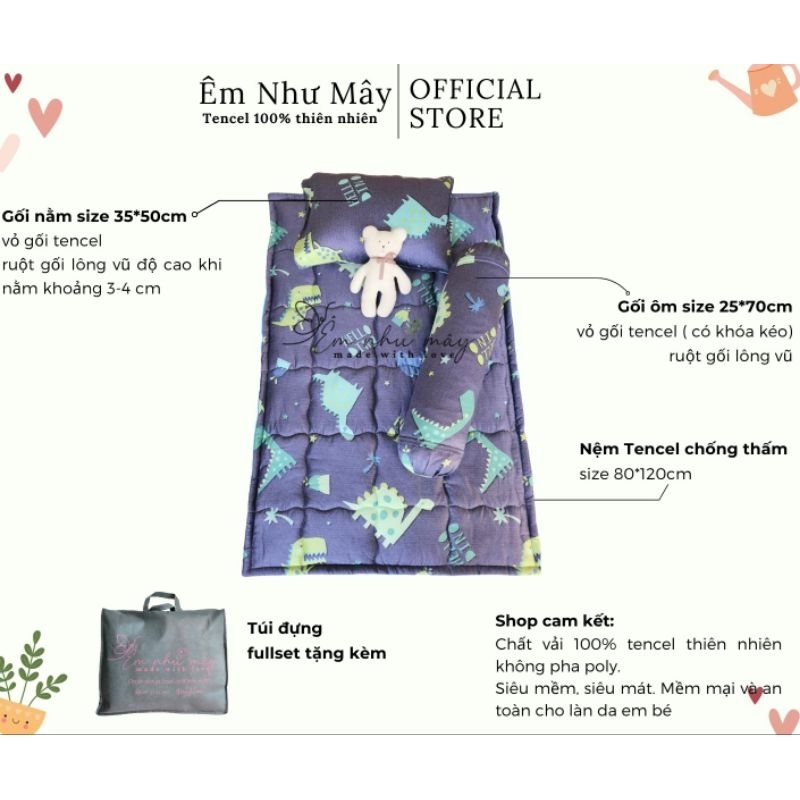 Set BỘ GỐI + NỆM Tencel 100% thiên nhiên siêu mềm mịn mát cho bé đi học