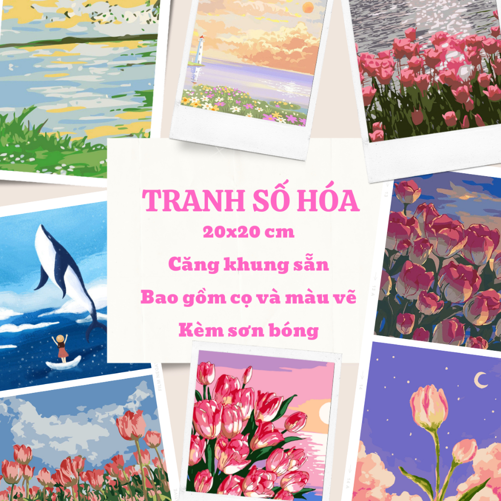 Tranh số hóa phong cảnh hoa tulip, thuyền hoa và biển… tranh căng khung 20x20cm vải canvas dùng trang trí nhà cửa