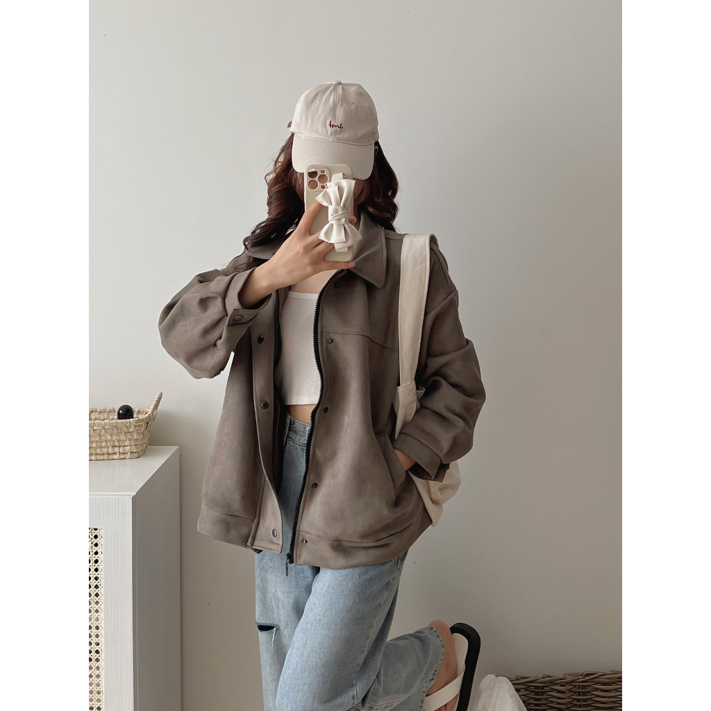 Áo khoác da lộn 2 lớp cổ bẻ dáng unisex cúc bấm