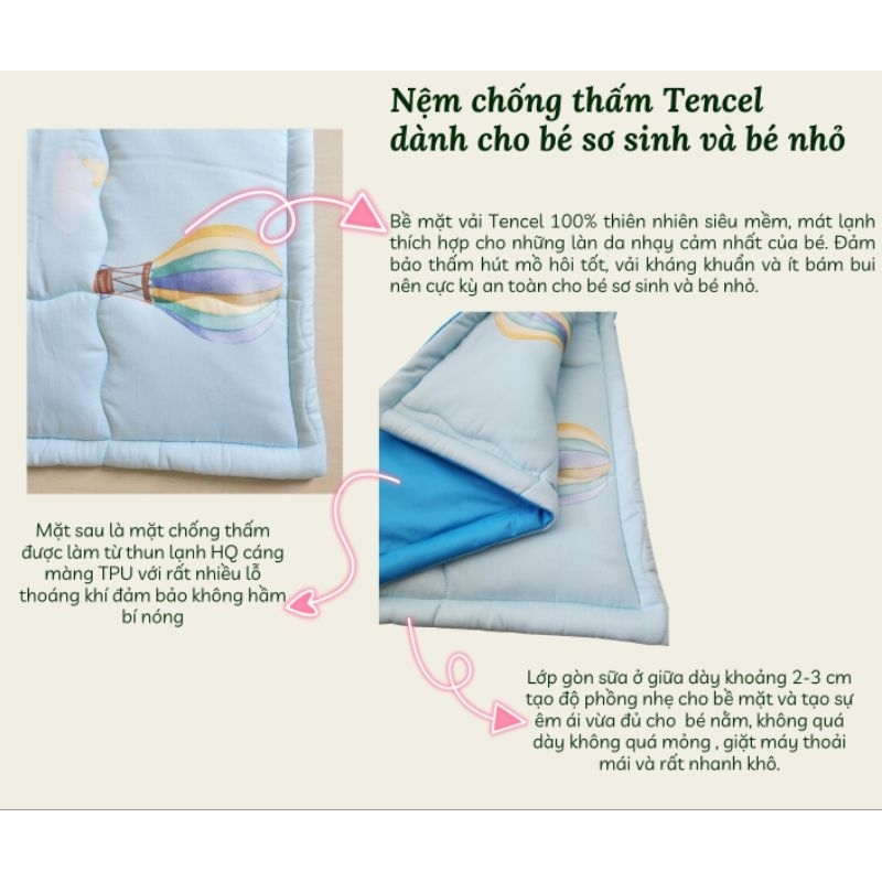 Nệm chống thấm Tencel cao cấp 100% thiên nhiên dành cho bé sơ sinh và bé nhỏ nằm ngủ, mang đi học