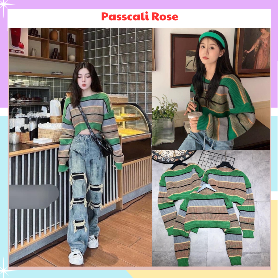 Áo len nữ dáng croptop kẻ xanh siêu xinh hàng Quảng châu xịn sò