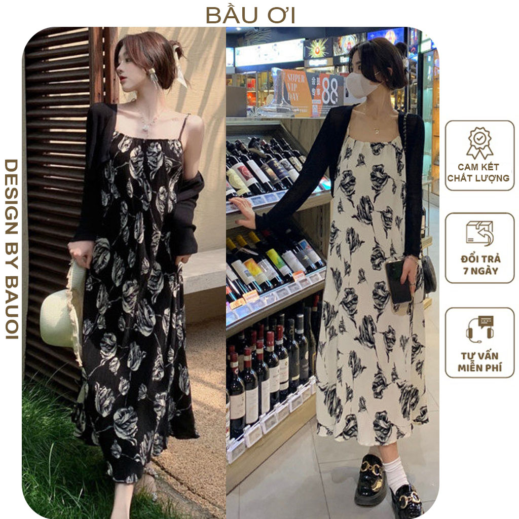ĐẦM VÁY BẦU 2 DÂY KÈM ÁO LEN CARDIGAN FREESIZE - VÁY BẦU THU ĐÔNG DÀI TAY HÀNG THIẾT KẾ HỌA TIẾT HOA LÁ CỰC XINH