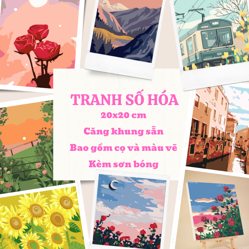 Tranh số hóa phong cảnh hoa hướng dương, thành phố, hoa hồng… tranh căng khung 20x20cm vải canvas dùng trang trí nhà cửa