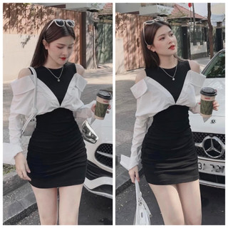 Đầm body nữ phối sơ mi cổ chữ v với tone màu basic, xinh xắn