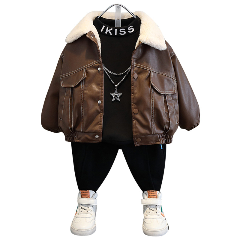 Áo khoác da lót lông cho bé, áo có đường kẻ chỉ nổi