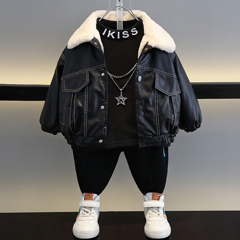 Áo khoác da lót lông cho bé, áo có đường kẻ chỉ nổi