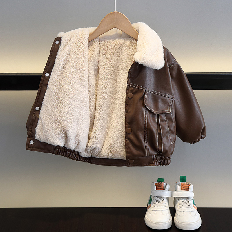 Áo khoác da lót lông cho bé, áo có đường kẻ chỉ nổi