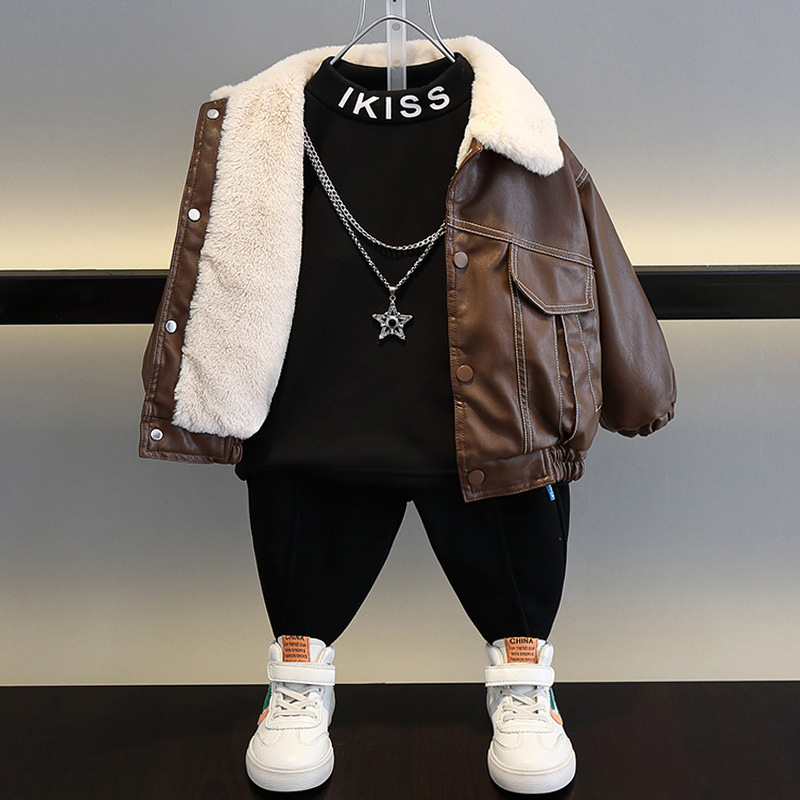 Áo khoác da lót lông cho bé, áo có đường kẻ chỉ nổi