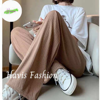 Quần ống rộng dài Haviss vải tăm rủ mặc mát co giãn thiết kế cạp chun lưng cao baggy suông loe culottes