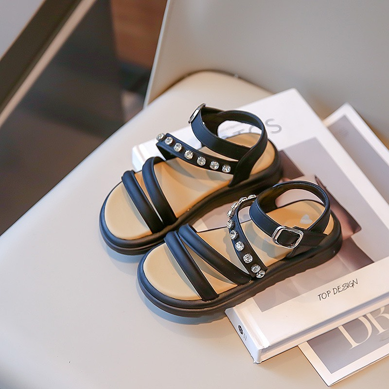 Dép Sandal Dép Quai Hậu Cho Bé Gái Quai Da Đính Đá Đi Mềm Êm Chân