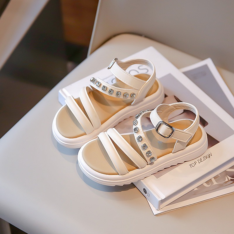 Dép Sandal Dép Quai Hậu Cho Bé Gái Quai Da Đính Đá Đi Mềm Êm Chân