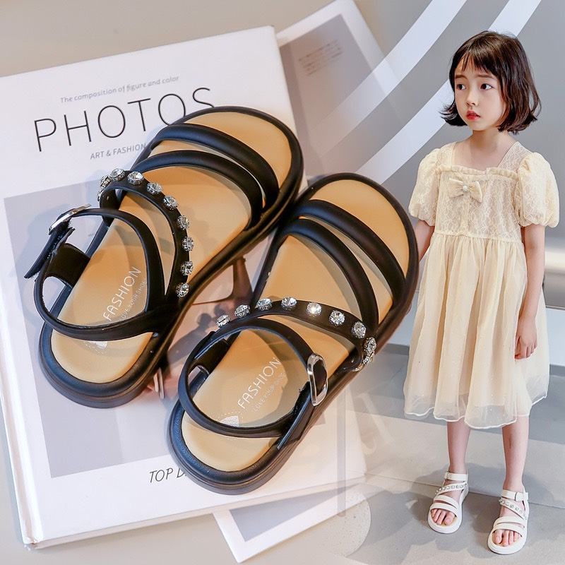 Dép Sandal Dép Quai Hậu Cho Bé Gái Quai Da Đính Đá Đi Mềm Êm Chân