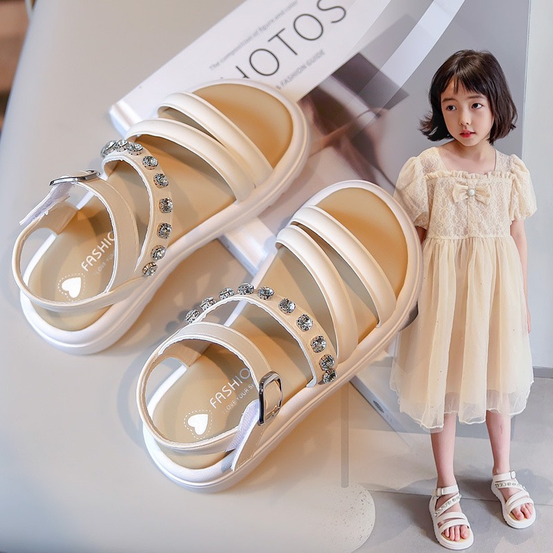 Dép Sandal Dép Quai Hậu Cho Bé Gái Quai Da Đính Đá Đi Mềm Êm Chân