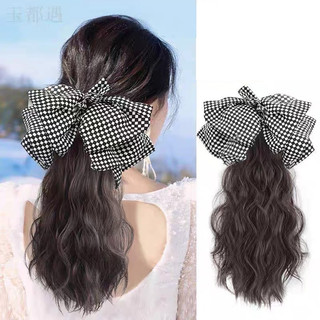 Tóc giả ngoạm xù dáng ngắn kèm nơ kẻ ziczac phong cách cho nữ